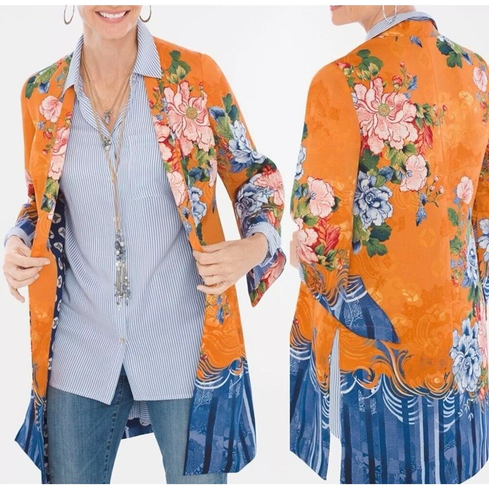 Chicos Drama Printed Kimono Sz‎ 1 Floral Open Cardigan Gold Blue Satin Flowy